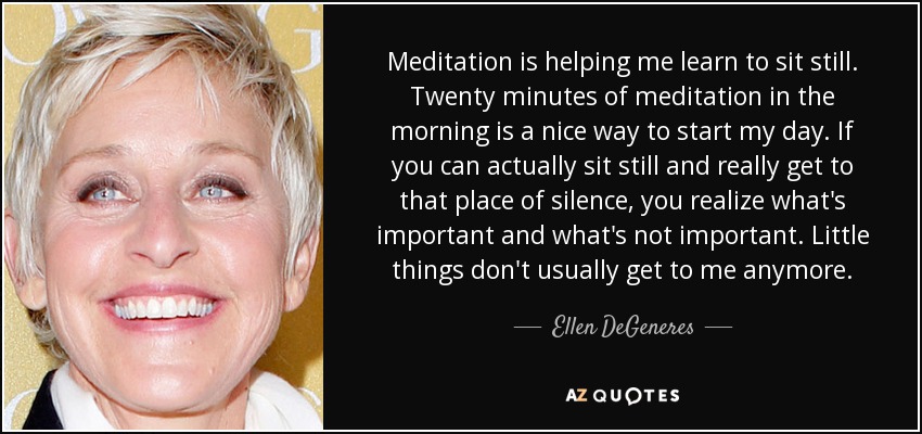 Meditation is helping me learn to sit still. Twenty minutes of meditation in the morning is a nice way to start my day. If you can actually sit still and really get to that place of silence, you realize what's important and what's not important. Little things don't usually get to me anymore. - Ellen DeGeneres