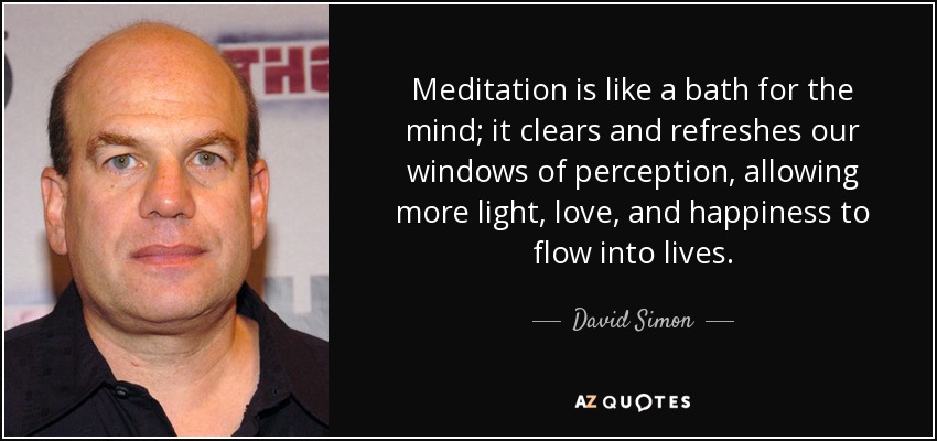 Meditation is like a bath for the mind; it clears and refreshes our windows of perception, allowing more light, love, and happiness to flow into lives. - David Simon