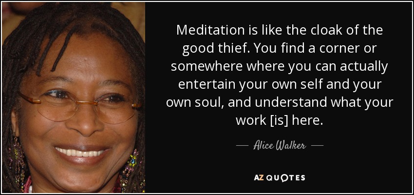 Meditation is like the cloak of the good thief. You find a corner or somewhere where you can actually entertain your own self and your own soul, and understand what your work [is] here. - Alice Walker