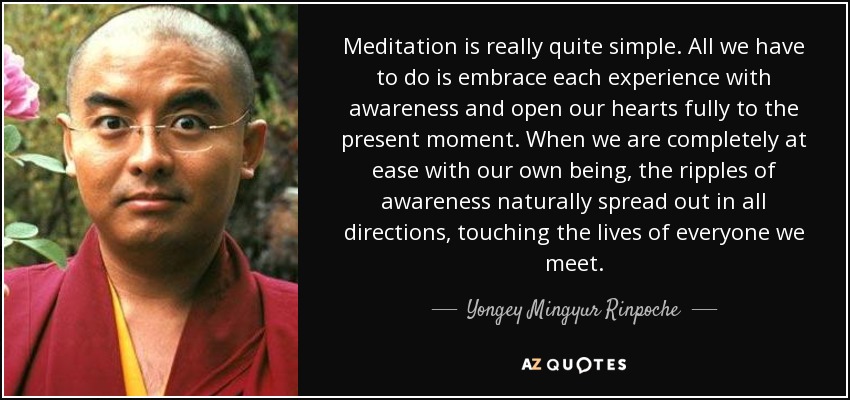 Meditation is really quite simple. All we have to do is embrace each experience with awareness and open our hearts fully to the present moment. When we are completely at ease with our own being, the ripples of awareness naturally spread out in all directions, touching the lives of everyone we meet. - Yongey Mingyur Rinpoche