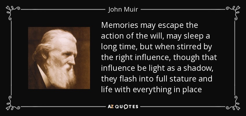 Memories may escape the action of the will, may sleep a long time, but when stirred by the right influence, though that influence be light as a shadow, they flash into full stature and life with everything in place - John Muir