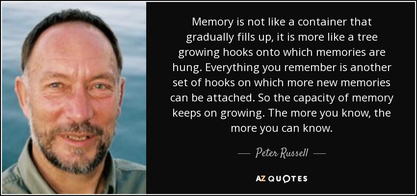 Memory is not like a container that gradually fills up, it is more like a tree growing hooks onto which memories are hung. Everything you remember is another set of hooks on which more new memories can be attached. So the capacity of memory keeps on growing. The more you know, the more you can know. - Peter Russell