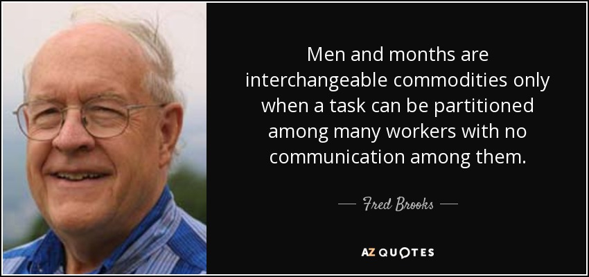 Men and months are interchangeable commodities only when a task can be partitioned among many workers with no communication among them. - Fred Brooks