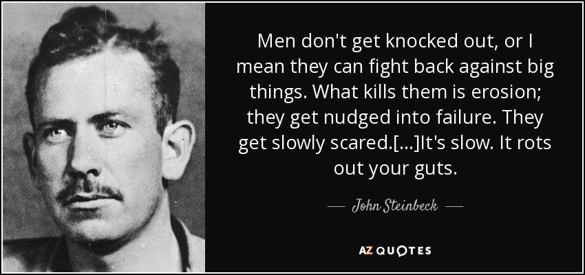 Men don't get knocked out, or I mean they can fight back against big things. What kills them is erosion; they get nudged into failure. They get slowly scared.[...]It's slow. It rots out your guts. - John Steinbeck