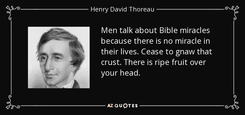 Men talk about Bible miracles because there is no miracle in their lives. Cease to gnaw that crust. There is ripe fruit over your head. - Henry David Thoreau