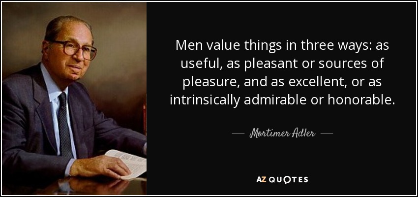 Men value things in three ways: as useful, as pleasant or sources of pleasure, and as excellent, or as intrinsically admirable or honorable. - Mortimer Adler