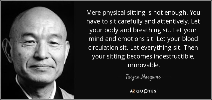 Mere physical sitting is not enough. You have to sit carefully and attentively. Let your body and breathing sit. Let your mind and emotions sit. Let your blood circulation sit. Let everything sit. Then your sitting becomes indestructible, immovable. - Taizan Maezumi