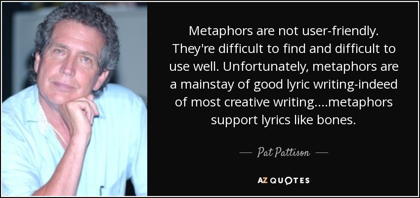 Metaphors are not user-friendly. They're difficult to find and difficult to use well. Unfortunately, metaphors are a mainstay of good lyric writing-indeed of most creative writing. ...metaphors support lyrics like bones. - Pat Pattison