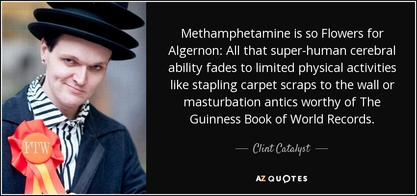 Methamphetamine is so Flowers for Algernon: All that super-human cerebral ability fades to limited physical activities like stapling carpet scraps to the wall or masturbation antics worthy of The Guinness Book of World Records. - Clint Catalyst