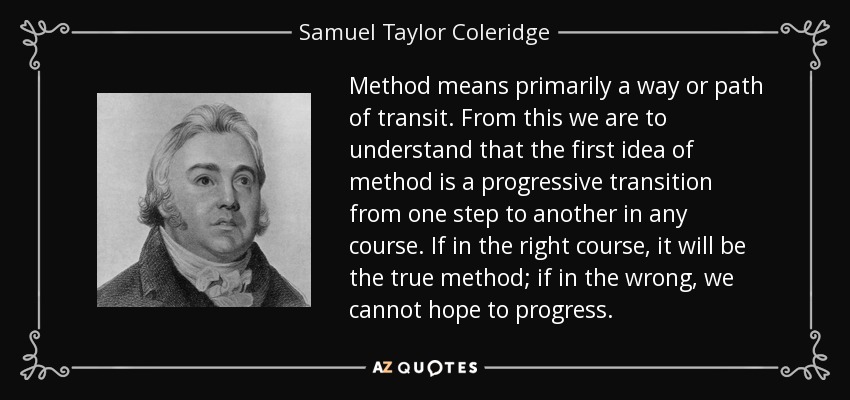 Method means primarily a way or path of transit. From this we are to understand that the first idea of method is a progressive transition from one step to another in any course. If in the right course, it will be the true method; if in the wrong, we cannot hope to progress. - Samuel Taylor Coleridge