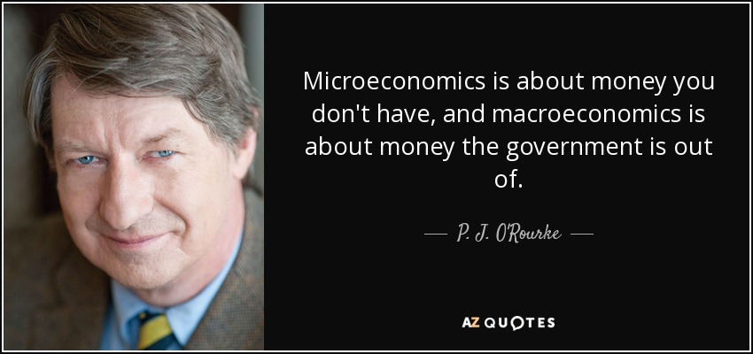 Microeconomics is about money you don't have, and macroeconomics is about money the government is out of. - P. J. O'Rourke