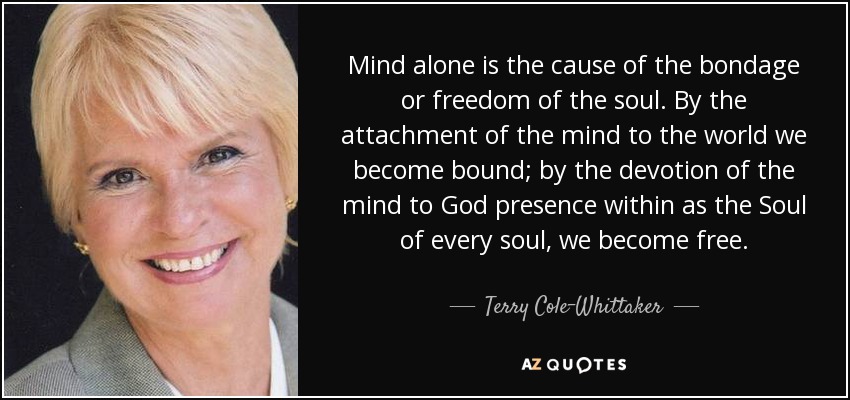Mind alone is the cause of the bondage or freedom of the soul. By the attachment of the mind to the world we become bound; by the devotion of the mind to God presence within as the Soul of every soul, we become free. - Terry Cole-Whittaker
