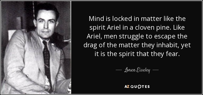 Mind is locked in matter like the spirit Ariel in a cloven pine. Like Ariel, men struggle to escape the drag of the matter they inhabit, yet it is the spirit that they fear. - Loren Eiseley