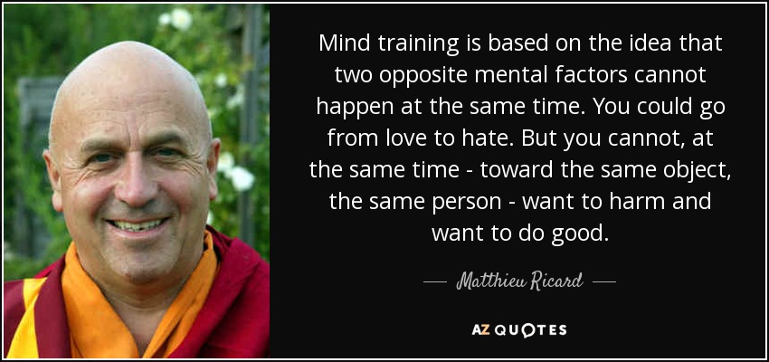 Mind training is based on the idea that two opposite mental factors cannot happen at the same time. You could go from love to hate. But you cannot, at the same time - toward the same object, the same person - want to harm and want to do good. - Matthieu Ricard