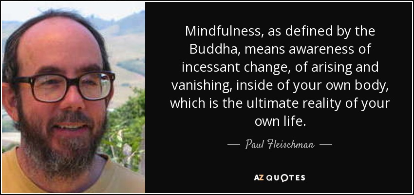 Mindfulness, as defined by the Buddha, means awareness of incessant change, of arising and vanishing, inside of your own body, which is the ultimate reality of your own life. - Paul Fleischman