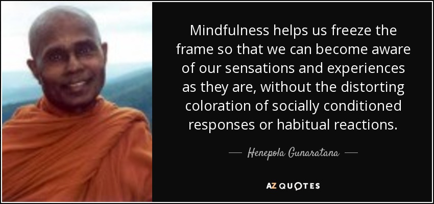 Mindfulness helps us freeze the frame so that we can become aware of our sensations and experiences as they are, without the distorting coloration of socially conditioned responses or habitual reactions. - Henepola Gunaratana