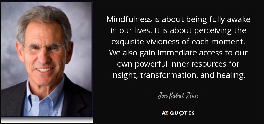 Mindfulness is about being fully awake in our lives. It is about perceiving the exquisite vividness of each moment. We also gain immediate access to our own powerful inner resources for insight, transformation, and healing. - Jon Kabat-Zinn