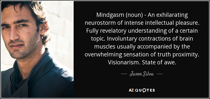 Mindgasm (noun) - An exhilarating neurostorm of intense intellectual pleasure. Fully revelatory understanding of a certain topic. Involuntary contractions of brain muscles usually accompanied by the overwhelming sensation of truth proximity. Visionarism. State of awe. - Jason Silva