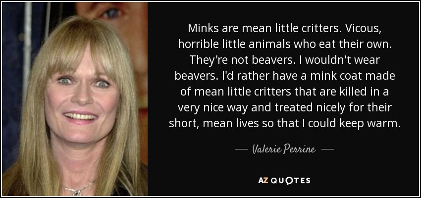 Minks are mean little critters. Vicous, horrible little animals who eat their own. They're not beavers. I wouldn't wear beavers. I'd rather have a mink coat made of mean little critters that are killed in a very nice way and treated nicely for their short, mean lives so that I could keep warm. - Valerie Perrine