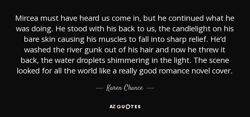 Mircea must have heard us come in, but he continued what he was doing. He stood with his back to us, the candlelight on his bare skin causing his muscles to fall into sharp relief. He’d washed the river gunk out of his hair and now he threw it back, the water droplets shimmering in the light. The scene looked for all the world like a really good romance novel cover. - Karen Chance