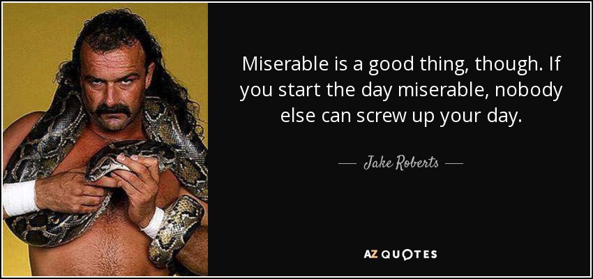Miserable is a good thing, though. If you start the day miserable, nobody else can screw up your day. - Jake Roberts
