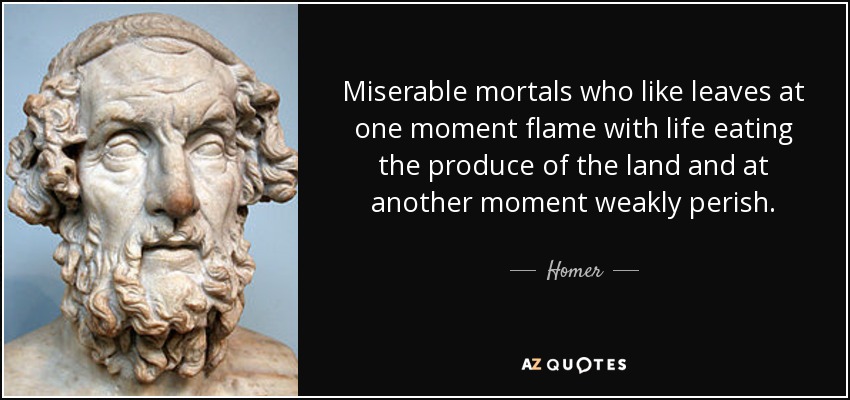 Miserable mortals who like leaves at one moment flame with life eating the produce of the land and at another moment weakly perish. - Homer