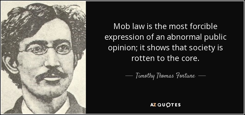 Mob law is the most forcible expression of an abnormal public opinion; it shows that society is rotten to the core. - Timothy Thomas Fortune