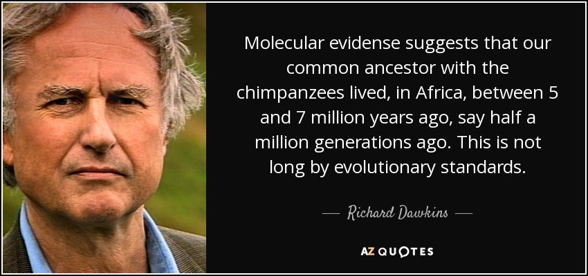 Molecular evidense suggests that our common ancestor with the chimpanzees lived, in Africa, between 5 and 7 million years ago, say half a million generations ago. This is not long by evolutionary standards. - Richard Dawkins