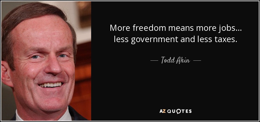 More freedom means more jobs... less government and less taxes. - Todd Akin