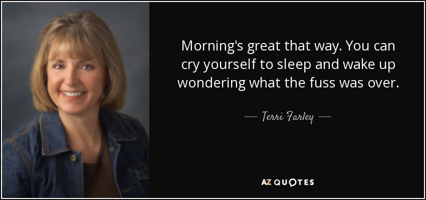 Morning's great that way. You can cry yourself to sleep and wake up wondering what the fuss was over. - Terri Farley