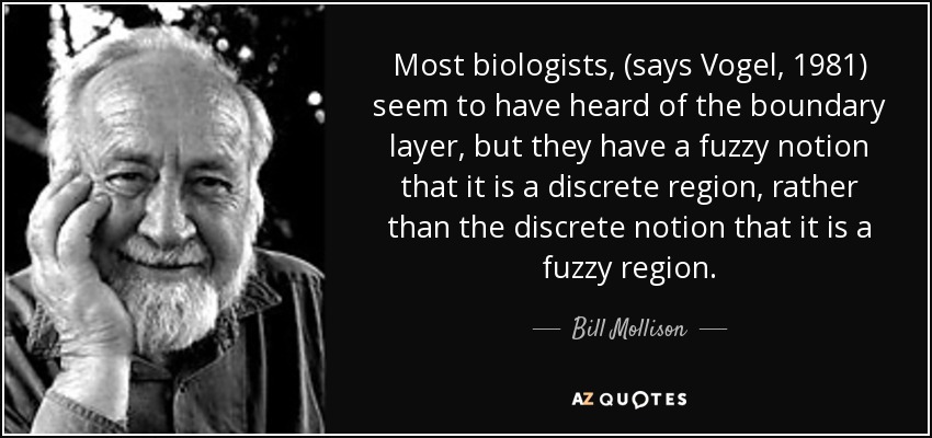 Most biologists, (says Vogel, 1981) seem to have heard of the boundary layer, but they have a fuzzy notion that it is a discrete region, rather than the discrete notion that it is a fuzzy region. - Bill Mollison