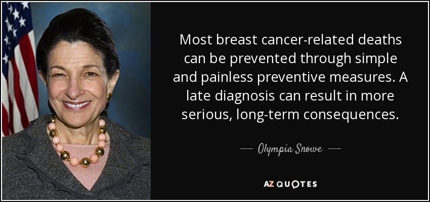 Most breast cancer-related deaths can be prevented through simple and painless preventive measures. A late diagnosis can result in more serious, long-term consequences. - Olympia Snowe