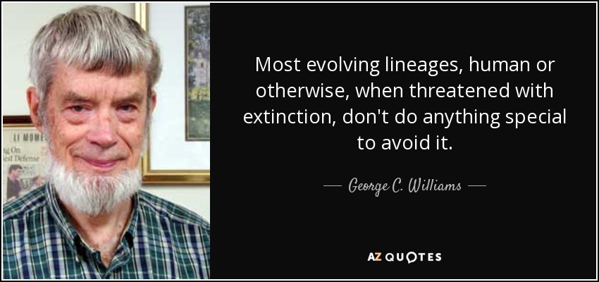Most evolving lineages, human or otherwise, when threatened with extinction, don't do anything special to avoid it. - George C. Williams