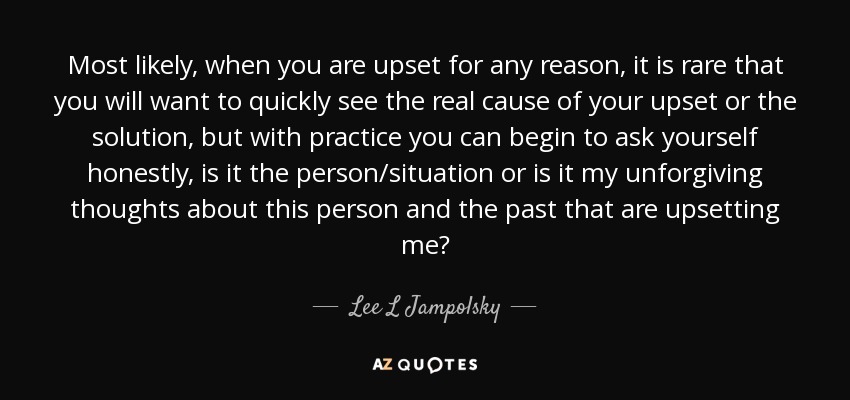 Most likely, when you are upset for any reason, it is rare that you will want to quickly see the real cause of your upset or the solution, but with practice you can begin to ask yourself honestly, is it the person/situation or is it my unforgiving thoughts about this person and the past that are upsetting me? - Lee L Jampolsky
