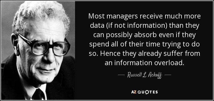 Most managers receive much more data (if not information) than they can possibly absorb even if they spend all of their time trying to do so. Hence they already suffer from an information overload. - Russell L. Ackoff