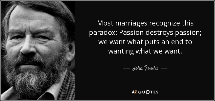 Most marriages recognize this paradox: Passion destroys passion; we want what puts an end to wanting what we want. - John Fowles