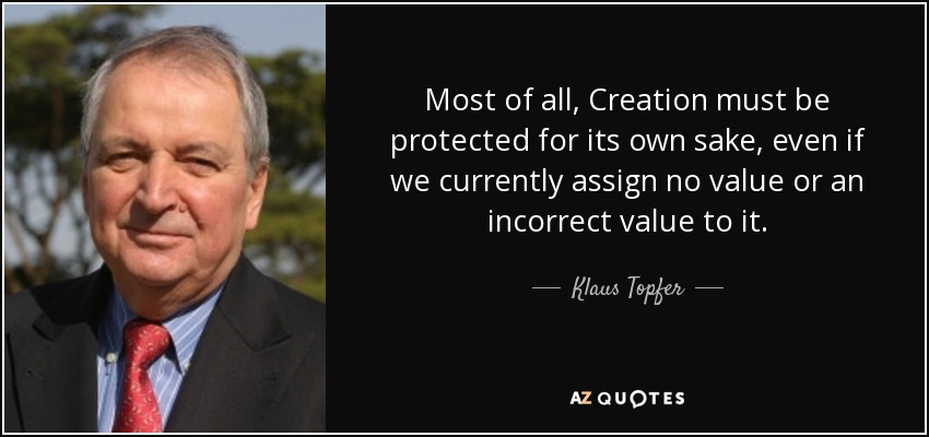 Most of all, Creation must be protected for its own sake, even if we currently assign no value or an incorrect value to it. - Klaus Topfer
