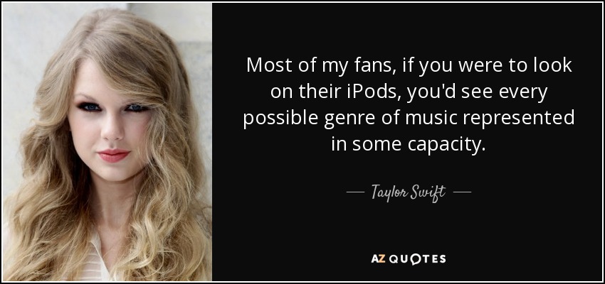 Most of my fans, if you were to look on their iPods, you'd see every possible genre of music represented in some capacity. - Taylor Swift