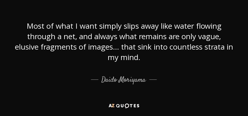 Most of what I want simply slips away like water flowing through a net, and always what remains are only vague, elusive fragments of images... that sink into countless strata in my mind. - Daido Moriyama