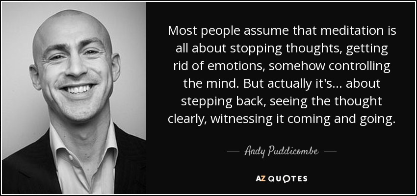Most people assume that meditation is all about stopping thoughts, getting rid of emotions, somehow controlling the mind. But actually it's ... about stepping back, seeing the thought clearly, witnessing it coming and going. - Andy Puddicombe