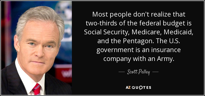 Most people don't realize that two-thirds of the federal budget is Social Security, Medicare, Medicaid, and the Pentagon. The U.S. government is an insurance company with an Army. - Scott Pelley