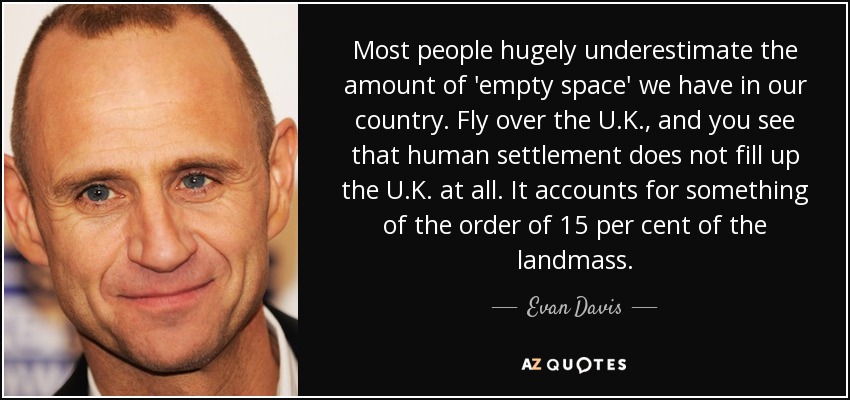 Most people hugely underestimate the amount of 'empty space' we have in our country. Fly over the U.K., and you see that human settlement does not fill up the U.K. at all. It accounts for something of the order of 15 per cent of the landmass. - Evan Davis