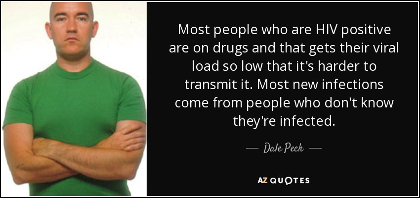 Most people who are HIV positive are on drugs and that gets their viral load so low that it's harder to transmit it. Most new infections come from people who don't know they're infected. - Dale Peck
