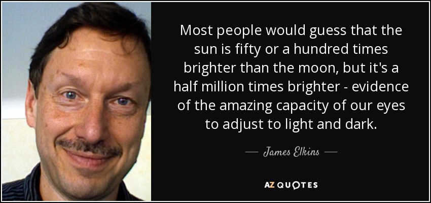 Most people would guess that the sun is fifty or a hundred times brighter than the moon, but it's a half million times brighter - evidence of the amazing capacity of our eyes to adjust to light and dark. - James Elkins
