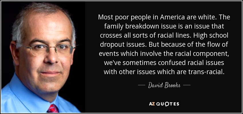 Most poor people in America are white. The family breakdown issue is an issue that crosses all sorts of racial lines. High school dropout issues. But because of the flow of events which involve the racial component, we've sometimes confused racial issues with other issues which are trans-racial. - David Brooks