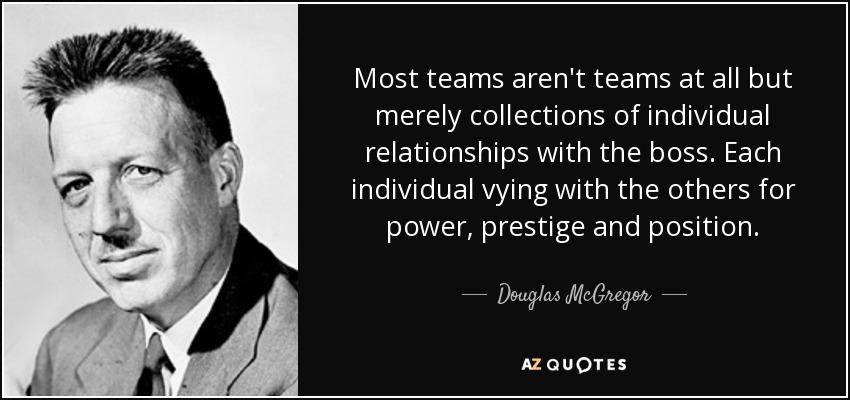 Most teams aren't teams at all but merely collections of individual relationships with the boss. Each individual vying with the others for power, prestige and position. - Douglas McGregor