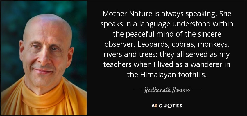 Mother Nature is always speaking. She speaks in a language understood within the peaceful mind of the sincere observer. Leopards, cobras, monkeys, rivers and trees; they all served as my teachers when I lived as a wanderer in the Himalayan foothills. - Radhanath Swami