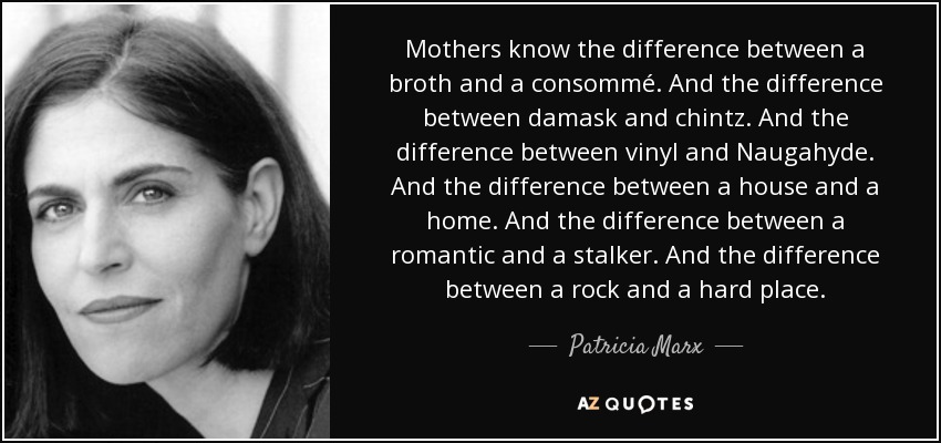Mothers know the difference between a broth and a consommé. And the difference between damask and chintz. And the difference between vinyl and Naugahyde. And the difference between a house and a home. And the difference between a romantic and a stalker. And the difference between a rock and a hard place. - Patricia Marx