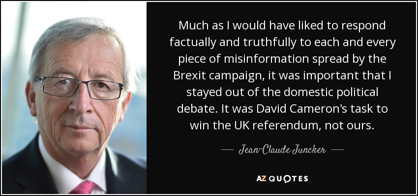 Much as I would have liked to respond factually and truthfully to each and every piece of misinformation spread by the Brexit campaign, it was important that I stayed out of the domestic political debate. It was David Cameron's task to win the UK referendum, not ours. - Jean-Claude Juncker