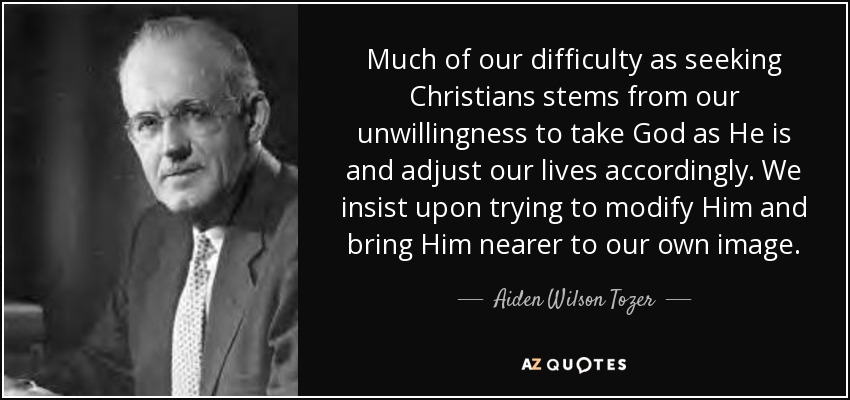 Much of our difficulty as seeking Christians stems from our unwillingness to take God as He is and adjust our lives accordingly. We insist upon trying to modify Him and bring Him nearer to our own image. - Aiden Wilson Tozer